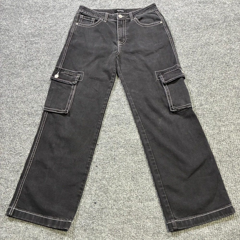 Telepatía Womens Cargo Jeans Size 9/29 Black Stretch Contrast Stitch Mid Rise
